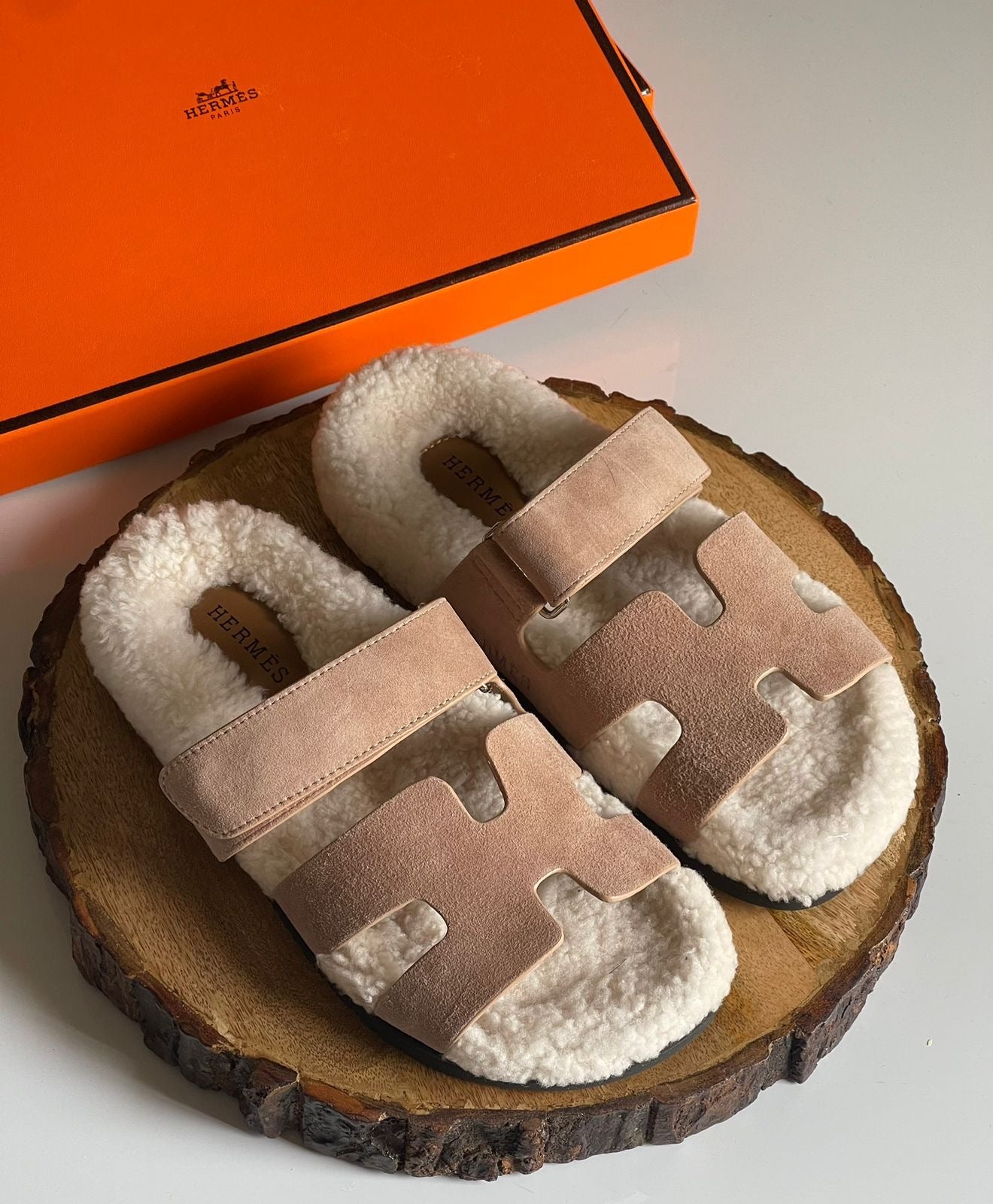 Hermes slippers with fur