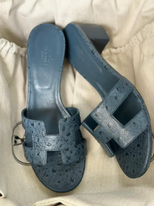 Hermes sandals heels ostrich blue