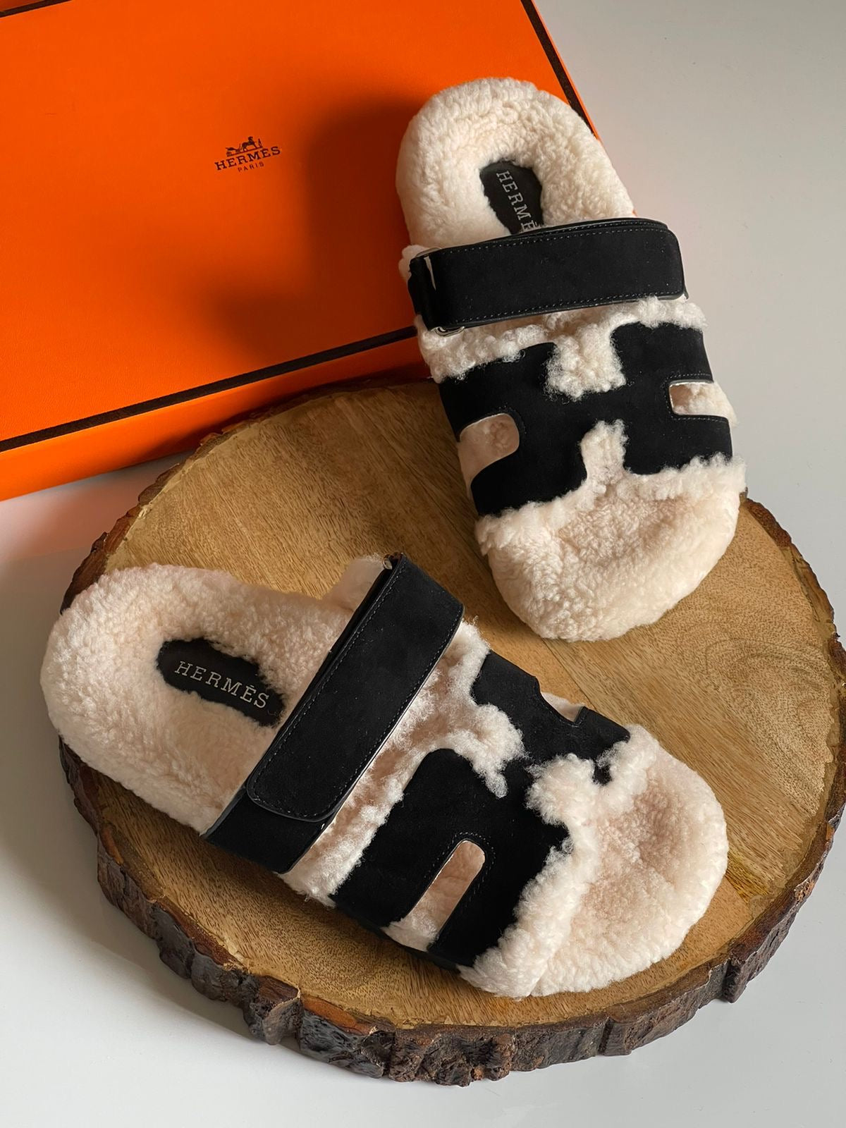 Hermes slippers with fur