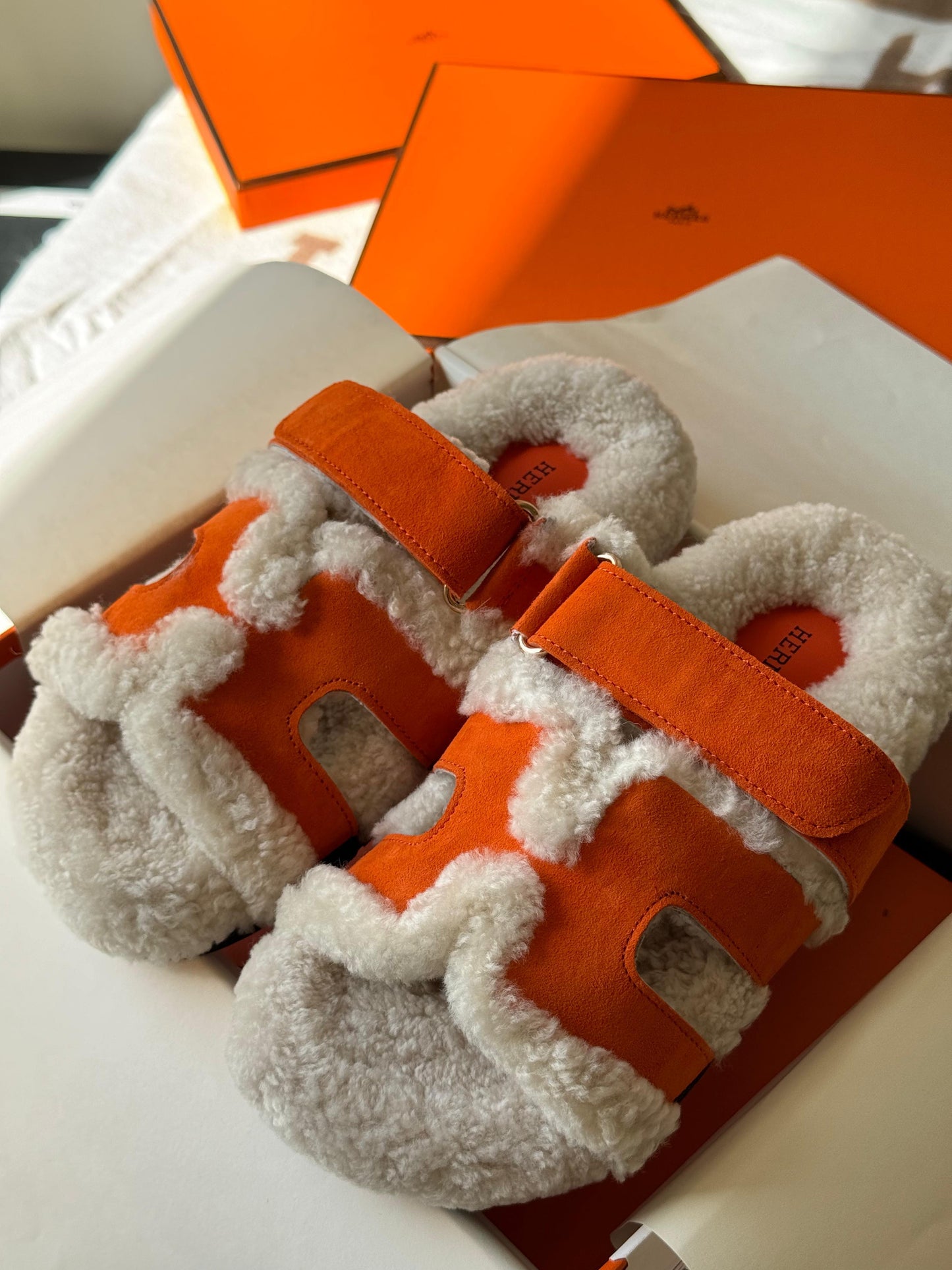 Hermes slippers chypre with fur