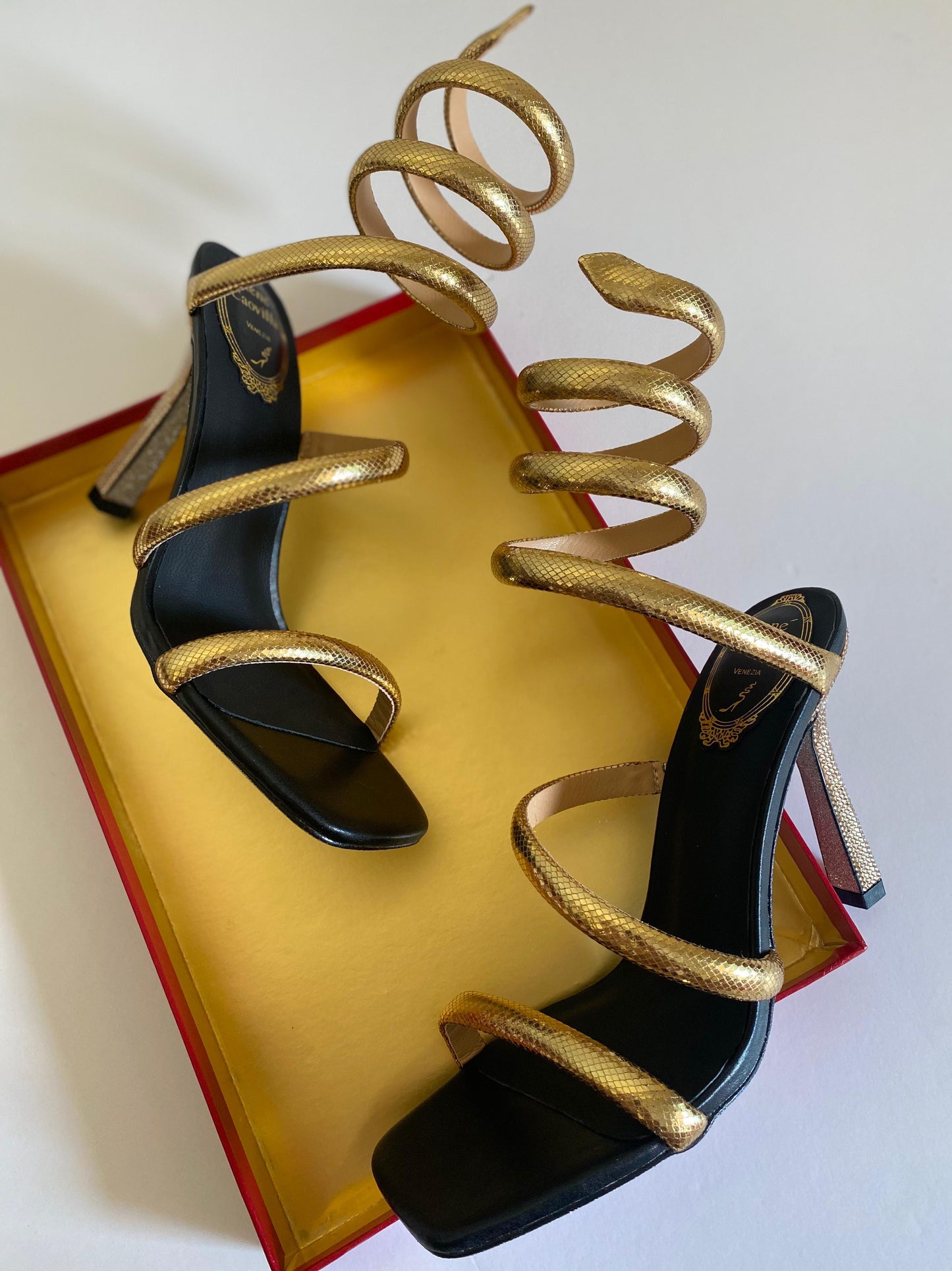 Rene caovilla sandals heels gold