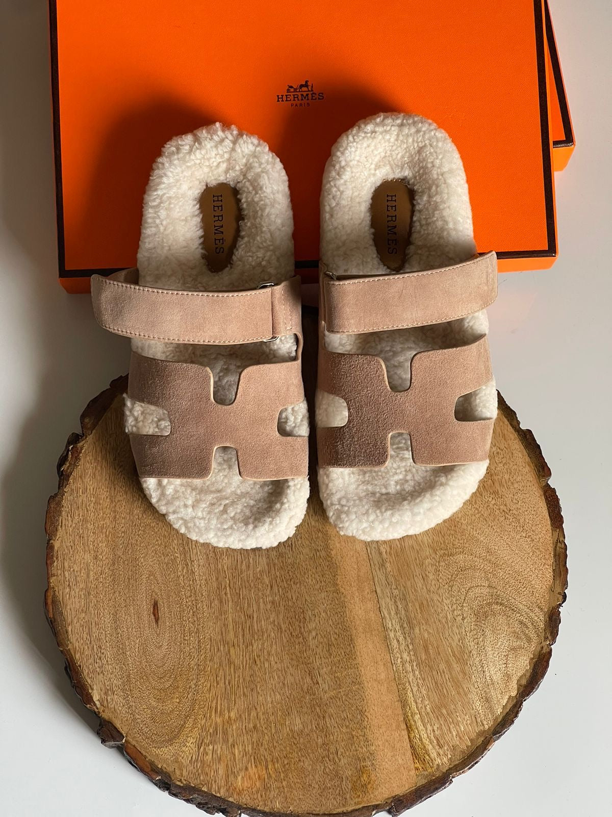 Hermes slippers with fur