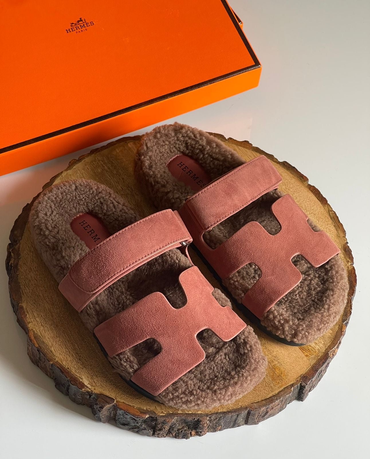 Hermes slippers with fur