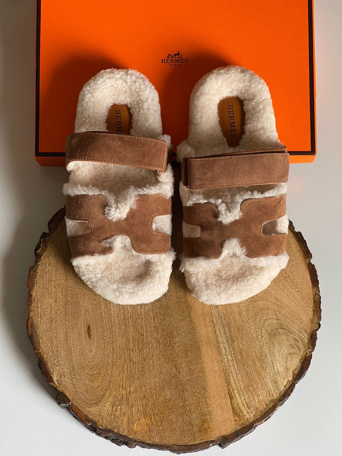 Hermes slippers with fur