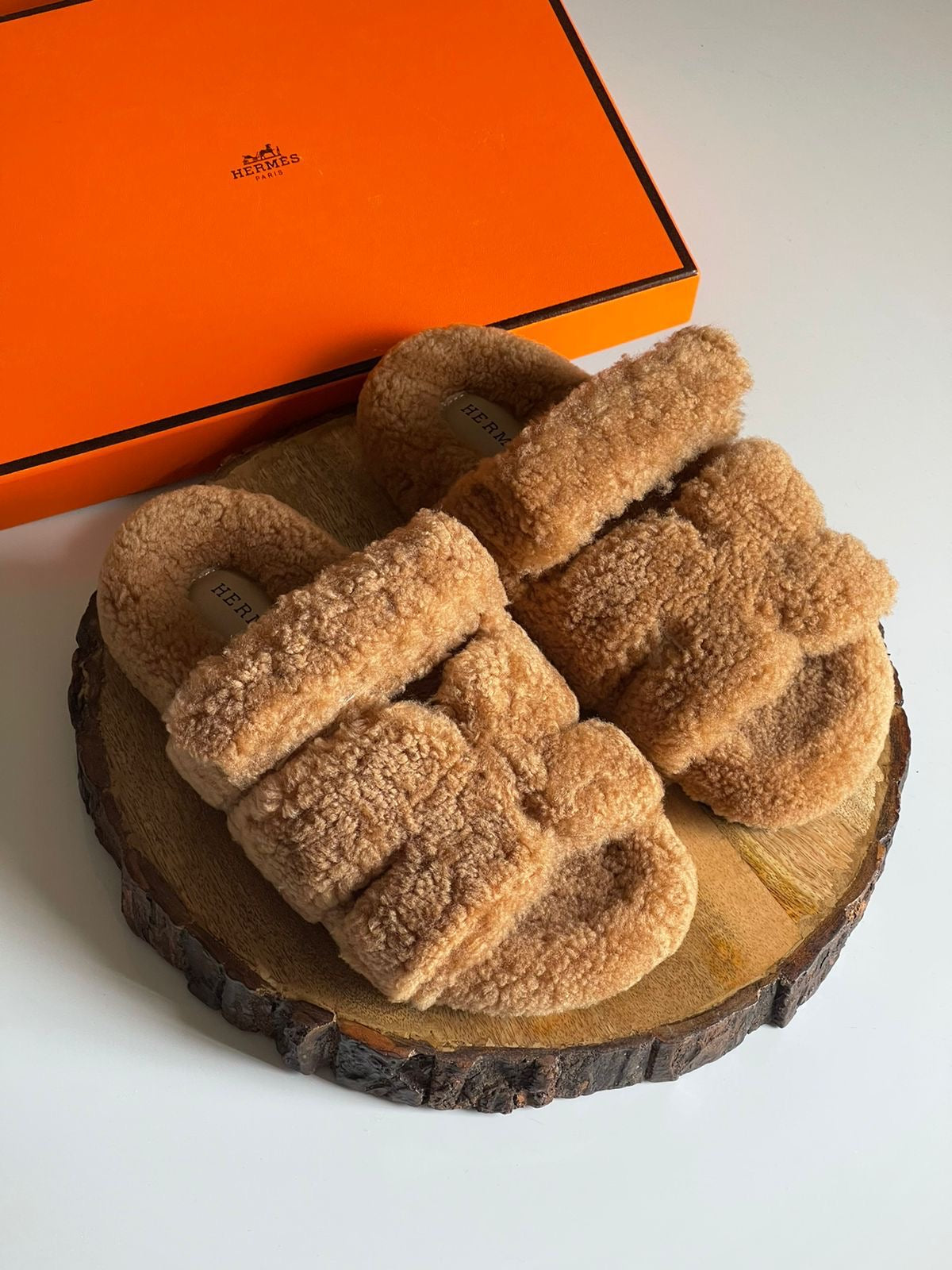 Hermes slippers with fur