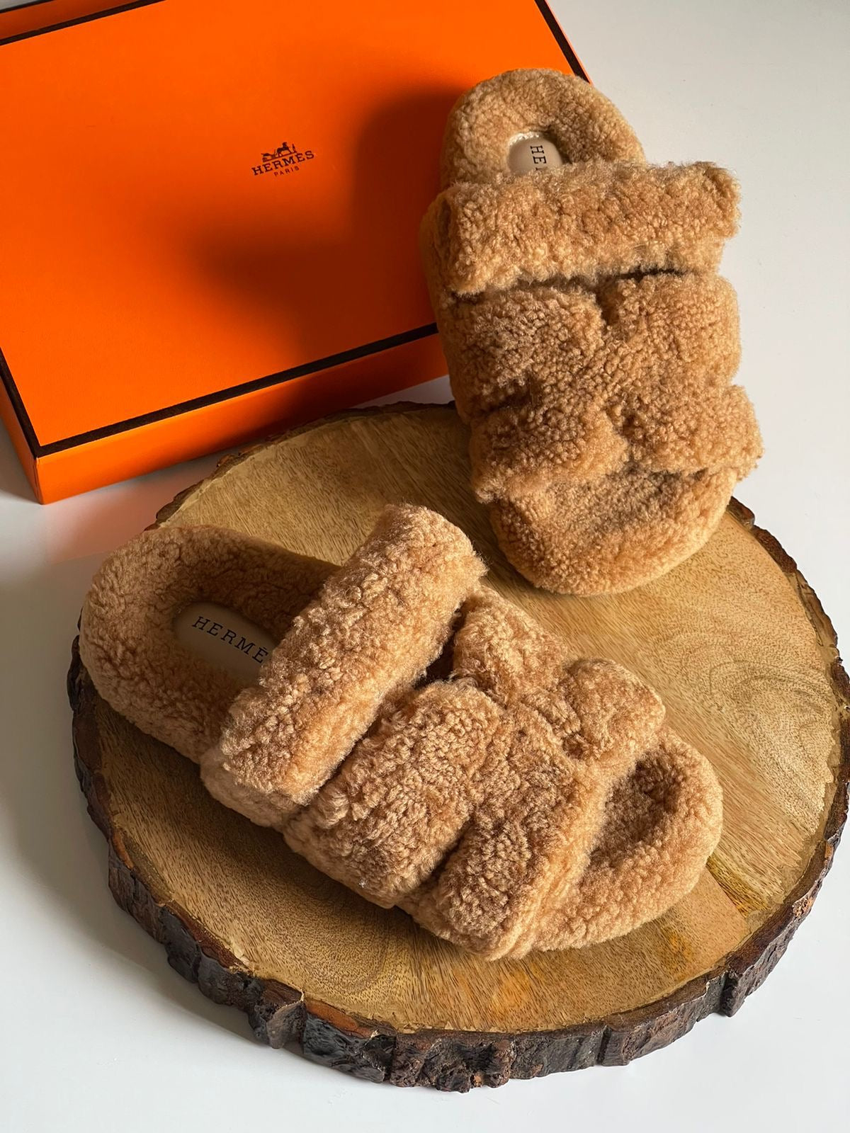 Hermes slippers with fur