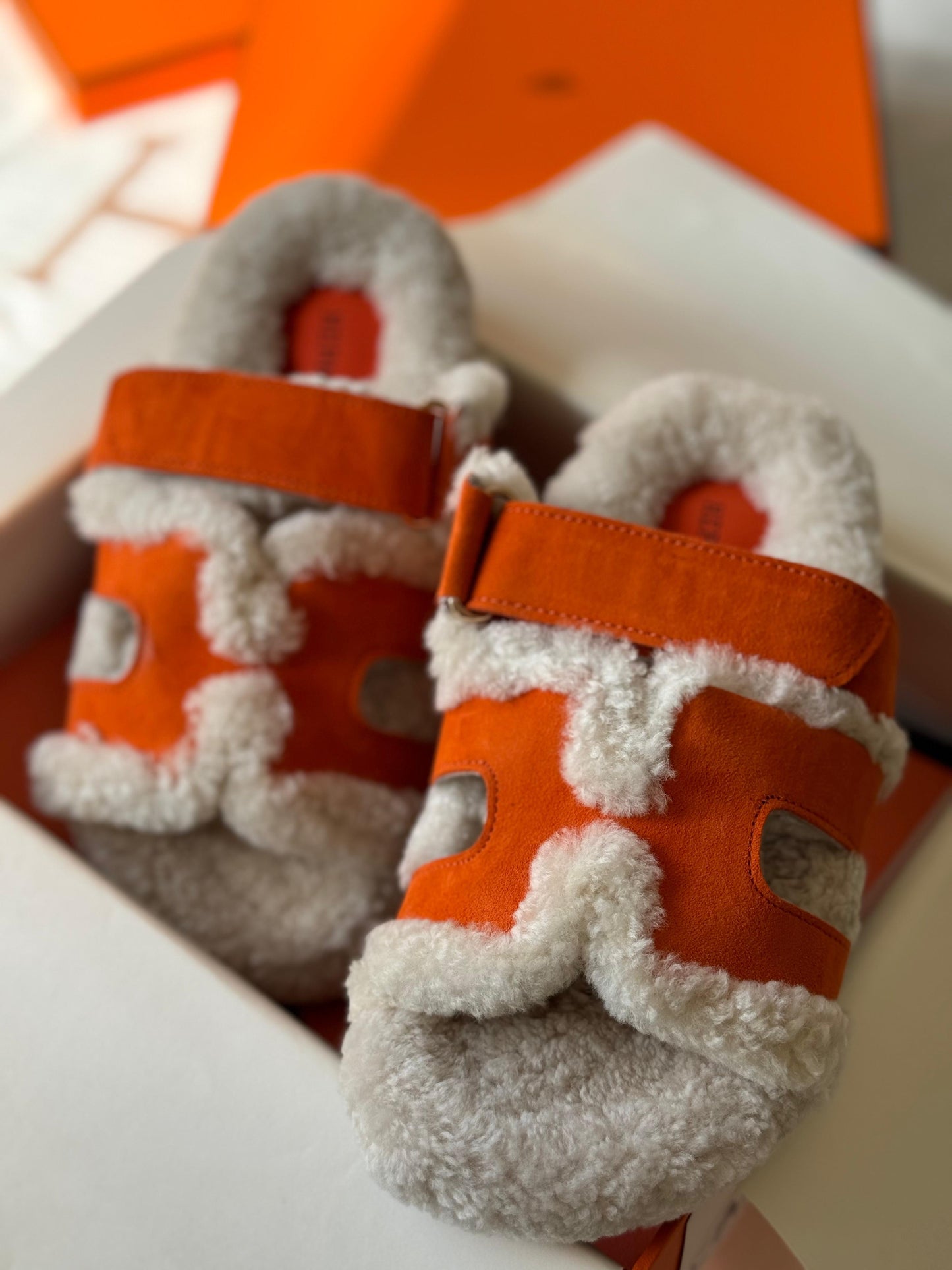 Hermes slippers chypre with fur